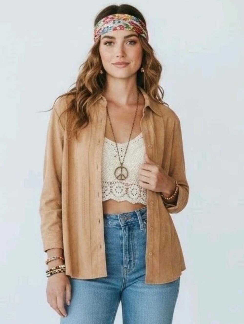 Lemon Grass Shirt Women’s Size L Faux Suede Satin Button Up Blouse Boho Hippie